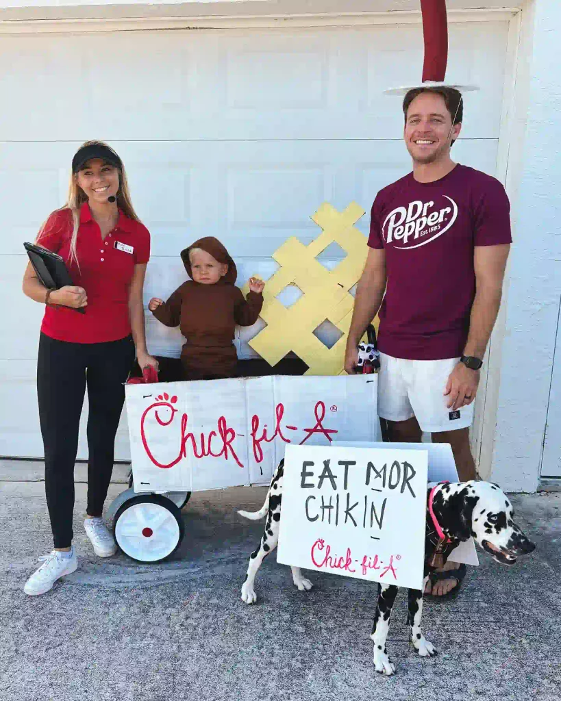 A Whole Chick-fil-A Order With a Spotted Dog Holding the Sign