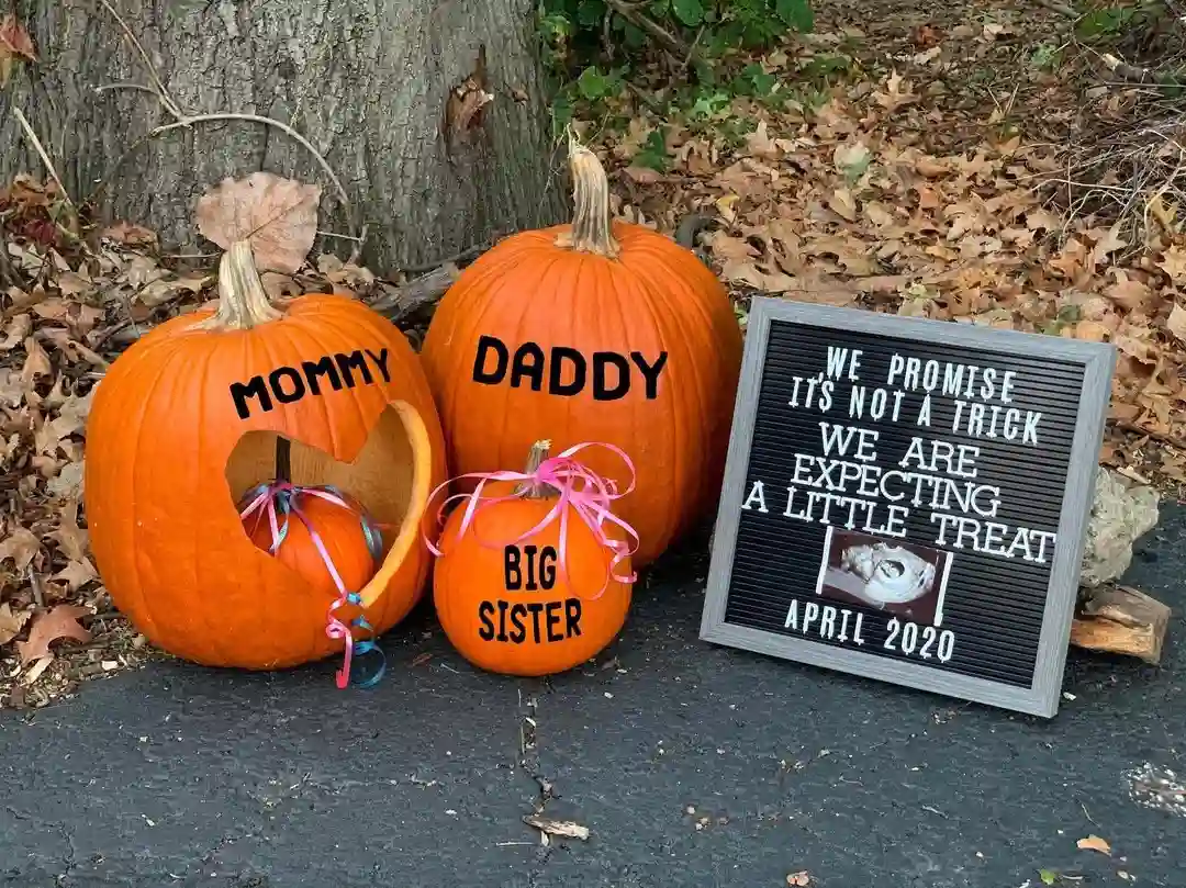 Pumpkins marked Mommy, Daddy and Big Sister with pink ribbons beside a letter board reading "We promise it's not a trick, we are expecting a little treat" on autumn leaves