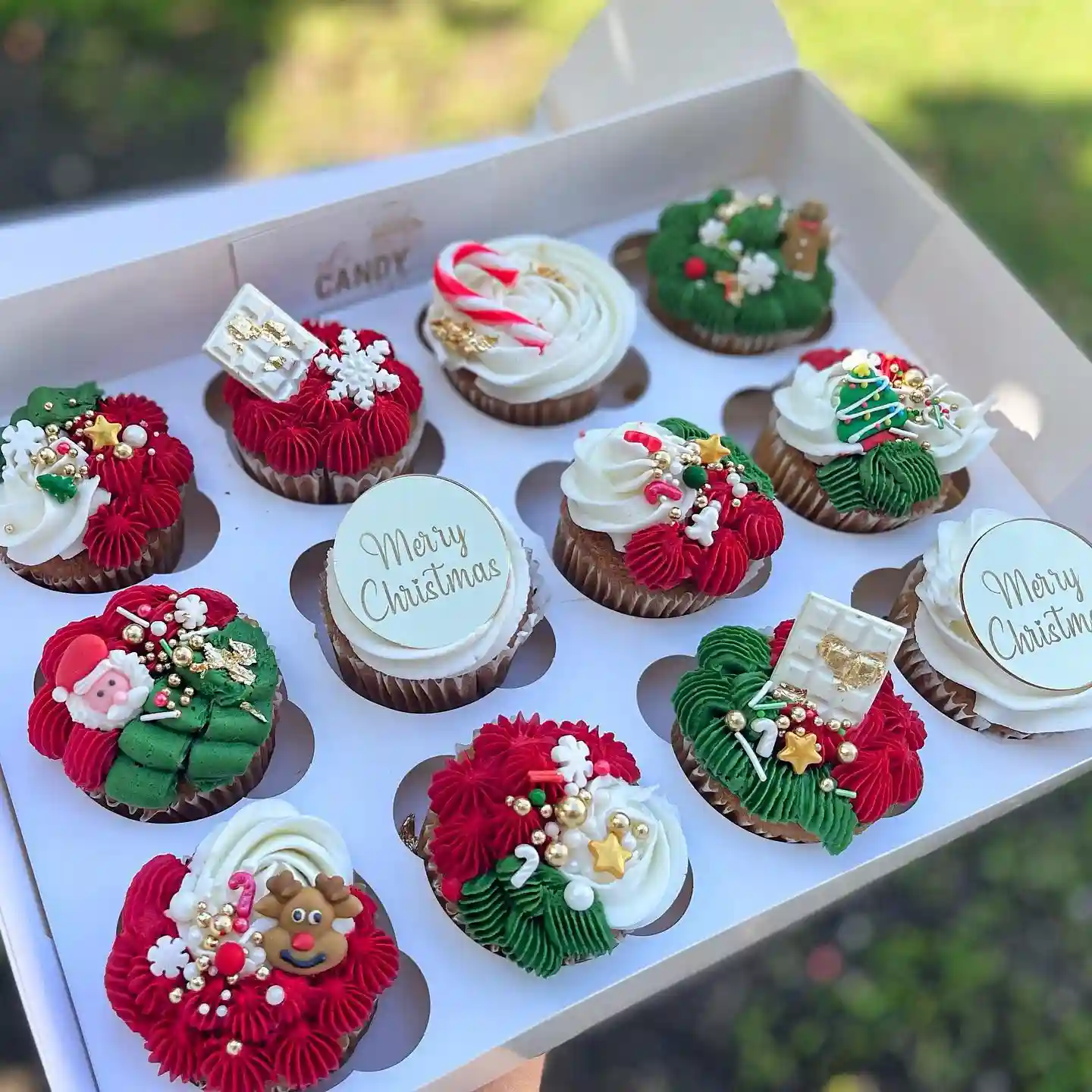 Box of twelve red, green and white Christmas cupcakes with rosettes, stars, a candy cane, a snowflake, a Santa, a reindeer and gold sprinkles