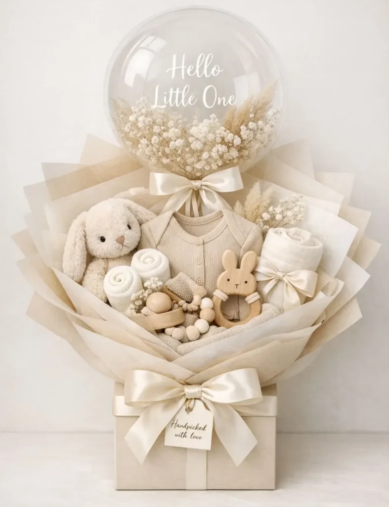 Cream gift bouquet with a clear Hello Little One balloon holding dried baby's breath above tissue paper wrapping a bunny plush, rolled towels, a knit bodysuit, a muslin wrap and a wooden bunny teether